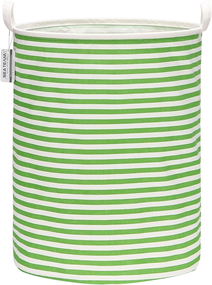 Sea Team 19.7 Inches Large Sized Waterproof Coating Ramie Cotton Fabric Folding Laundry Hamper Bucket Cylindric Burlap Canvas Storage Basket (19.7", Green & White Stripe)