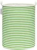 Sea Team 19.7 Inches Large Sized Waterproof Coating Ramie Cotton Fabric Folding Laundry Hamper Bucket Cylindric Burlap Canvas Storage Basket (19.7", Green & White Stripe)
