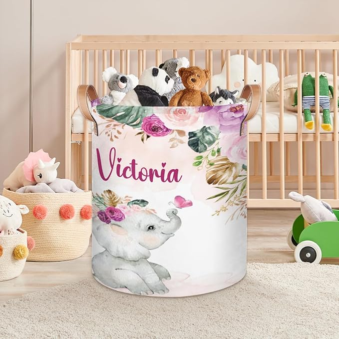 Personalized Laundry Basket, Custom Gift Laundry Hamper, Collapsible Nursery Waterproof Laundry Baskets, Dirty Clothes Toy Hamper with Handles Purple Blush Floral Elephant