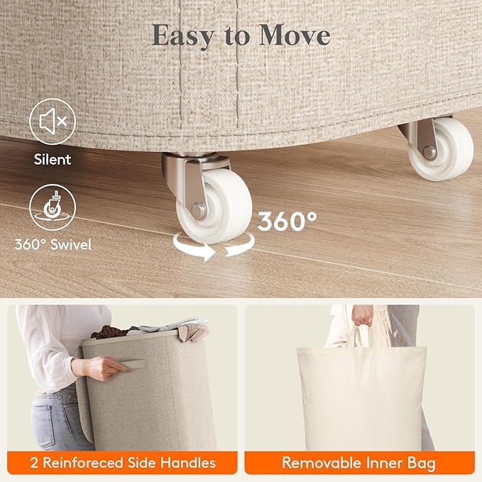 Lifewit 105L Plastic Laundry Basket with Lid, Large Clothes Hamper with Wheels and Removable Bag, Tall Collapsible Rolling Storage Bin for Dorm Bedroom Bathroom, Beige