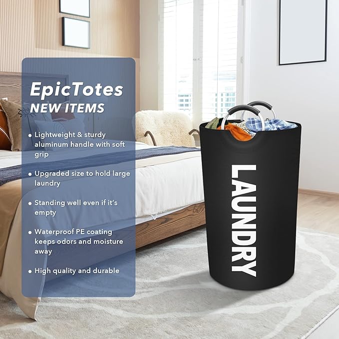 75L Large Laundry Basket, Freestanding Waterproof Laundry Hamper, Collapsible Folding Tall Clothes Hamper, Easy Carry with Foam Protected Aluminum Handles for Dorm, Family, Travel (Black)