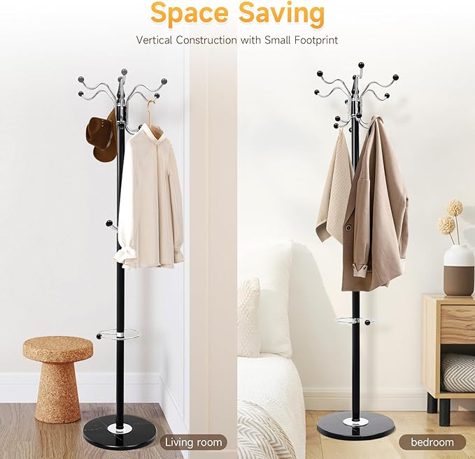 Coat Rack Freestanding, Modern Coat Rack with Natural Marble Base, Metal Freestanding Coat Rack with 16 Hooks, Entry-way Coat Racks Stand, Standing Coat Tree Rack (Black)