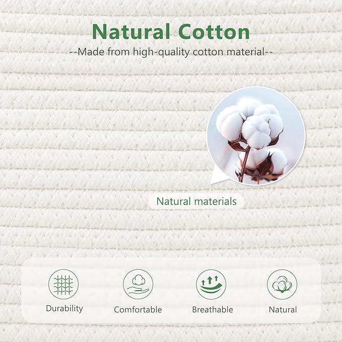 Cotton Rope Basket, Storage Baskets with Handle, 15x10x9 Inch Woven Basket for Shelves, Laundry, Towels, Clothes, Books (White 2Pack)