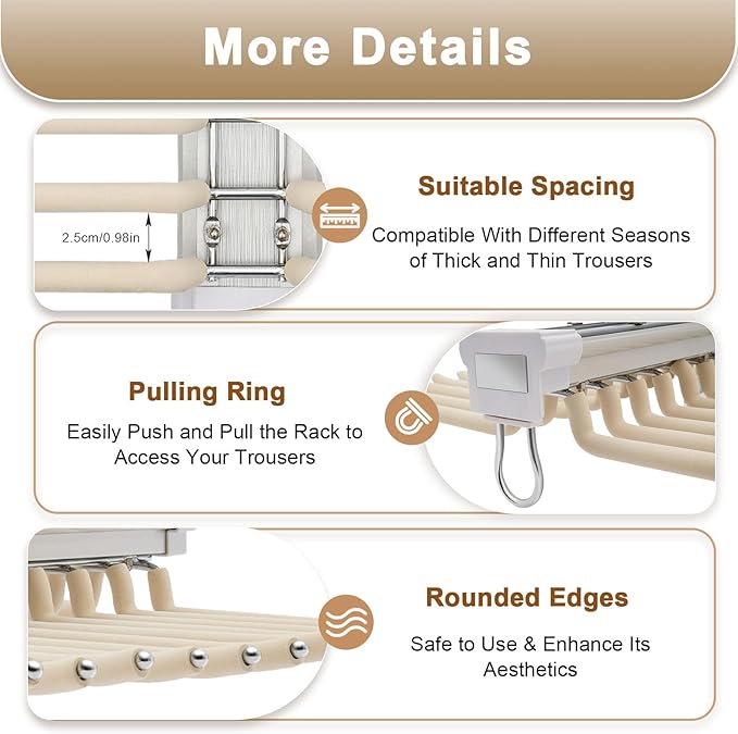 Pull Out Trousers Rack 22 Arms Closet Pants Hanger Bar Stainless Steel Hanger Rail Extendable Trousers for Clothes Towel Scarf Trousers Tie 18x23in (Beige, 22 Arms)