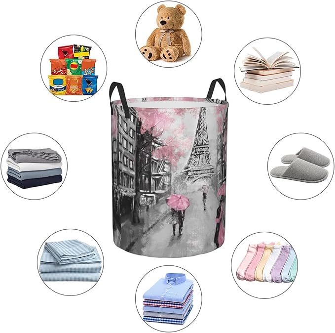 Dujiea Eiffel Tower Pink Lovers in Paris Laundry Basket Round with Handle, Collapsible Foldable Canvas Storage Bin Dirty Clothes Bag for Laundry/Toys Organizer/College Dorm/Nursery/Decor(2 Sizes)