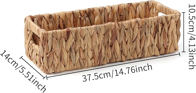 Wicker Storage Baskets with Handle Water Hyacinth Basket for Organizing Decorative Storage Bins for Countertop Toilet Tank Boho Rectangular Home Organizer (Natural, 14.5" x 5.5" x 4.1")