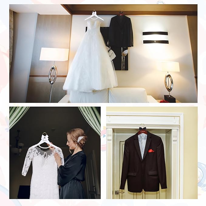 2 Pcs Bride Hanger for Wedding Dress Bride and Groom Wooden Wedding Dress Hanger Set with Bow Tie for Tuxedo Suit Gift Bridal Party Shower