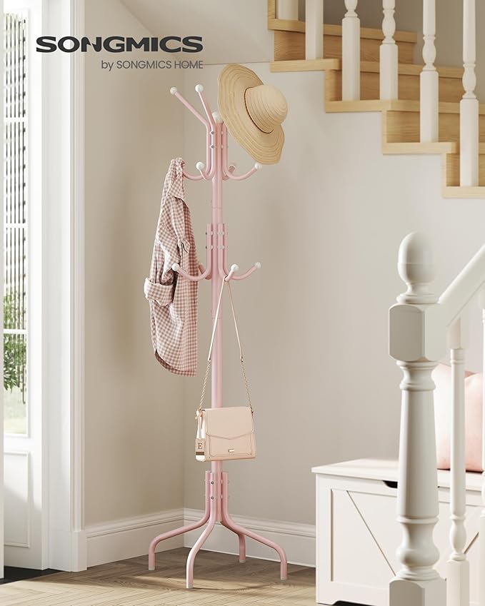 SONGMICS Coat Rack Freestanding, Metal Coat Rack Stand with 12 Hooks and 4 Legs, Holds Clothes, Hats, and Bags, for Entryway, Living Room, Bedroom, Jelly Pink URCR031R01