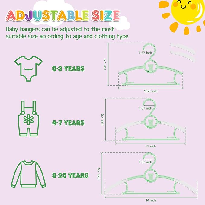 Baby Hangers,11-14 inch Extendable Kid Hangers 60 Pack,Non-Slip Children Hangers,Stackable Space Save Toddler Hangers,Infant Hangers for Closet,Green 60 Pack