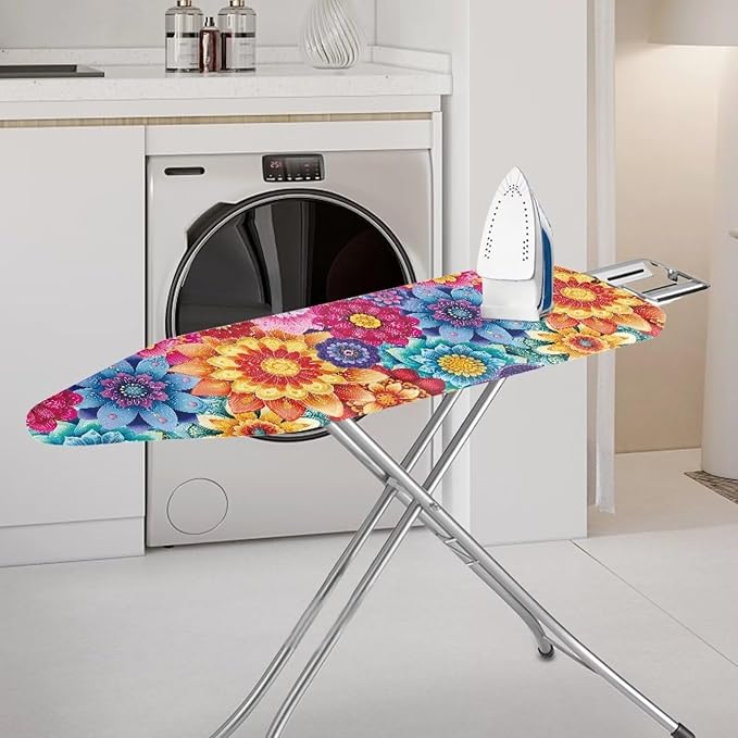 Colorful Flowers Ironing Board Cover Retro Dahlia Floral Iron Board Covers with Padding Fits All Standard Sizes, Scorch Resistant, Extra Thick with Elastic Edge