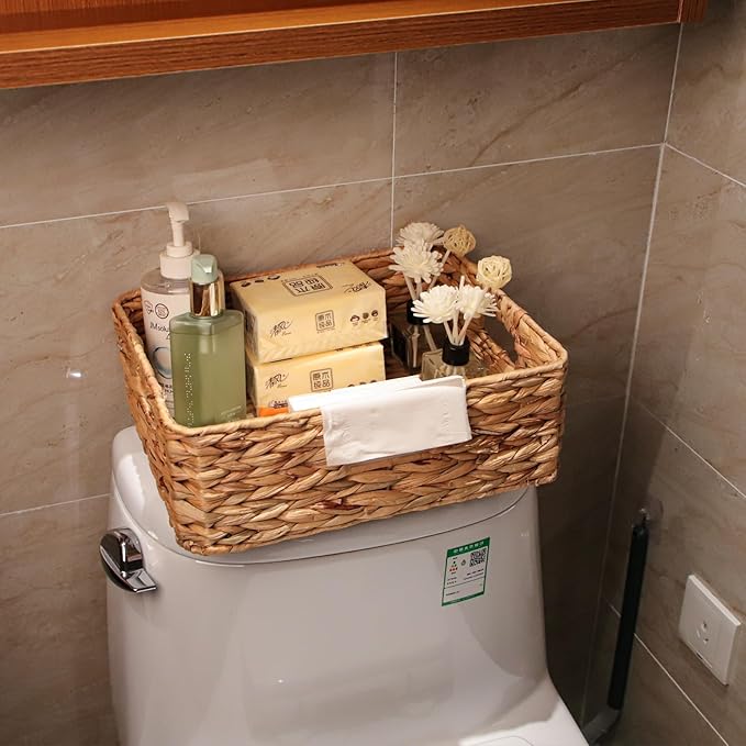 Rectangular Water Hyacinth Storage Baskets, Wicker Storage Baskets for Shelves, Square Shallow Basket, Woven Drawer Basket With Handle, 13” L x 10.6” W x 4.5” H