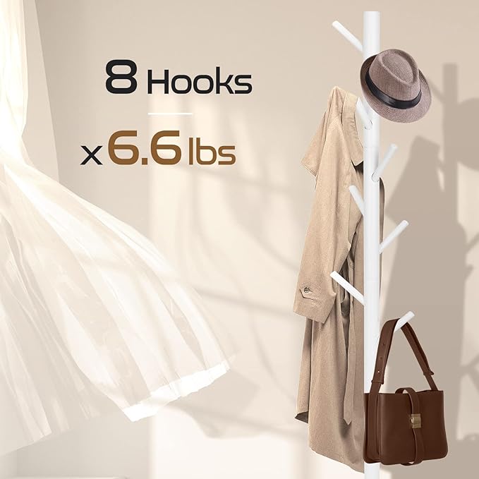 Solid Wooden Coat Rack Freestanding, New Zealand Pine Coat Tree with 8 Hooks & 3 Adjustable Sizes for Coats, Hats, Handbags and Scarves, Space Saving for Entryway/Office/Bedroom (White)