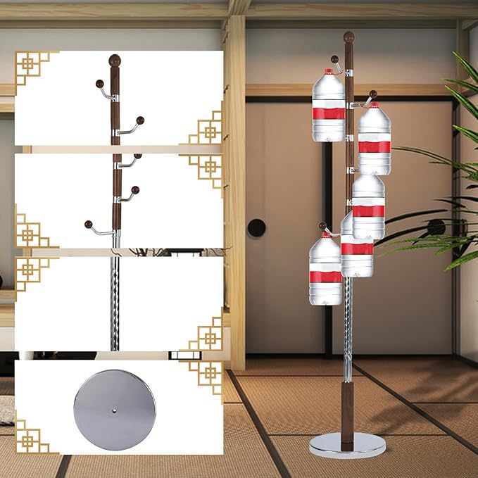 Coat Rack Freestanding, Wooden Tree Coat Rack Stand with 3 Adjustable Sizes Coat Tree and 11 Hooks, Sturdy Hall Tree with Solid Round Base for Entryway, Hallway,Bedroom (Walnut Metal)