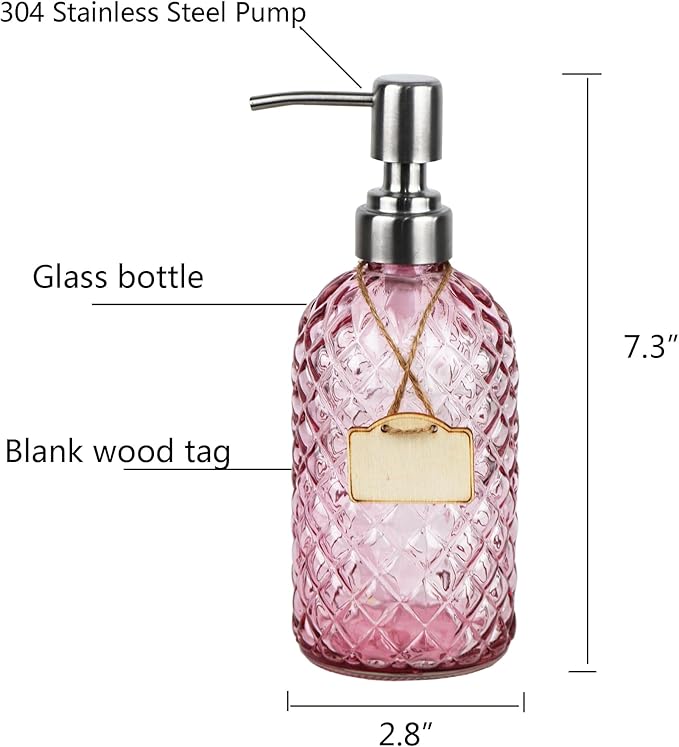 Funly mee Bathroom & Kitchen Glass Hand and Dish Soap Dispenser with 304 Rustproof Stainless Steel Pump (Pink)