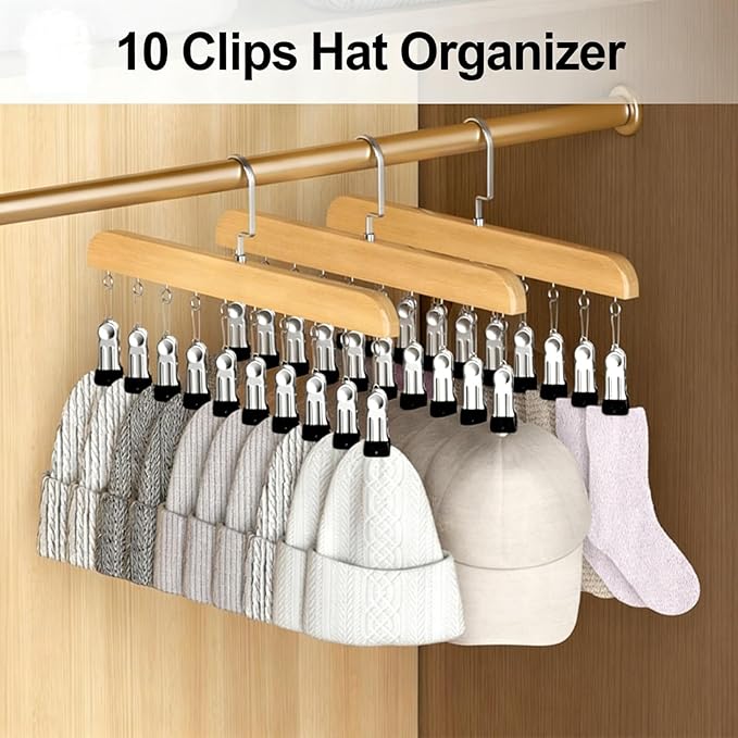 Hats Hangers with 10 Clips,Space Saving Cap Organizer for Closet,Wooden Legging Hangers 2 Pack,360° Rotating Hanging Closet Organizer for Pants, Skirts and Socks Storage(Set of 2,Vintage)