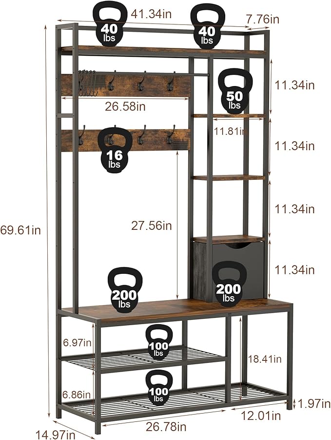 Hall Tree with Storage Bench, Coat Rack Freestanding, Entryway Bench with Storage, Coat Rack with Shoe Storage, 5-In-1 Hall Tree with 12 Hooks for Entryway, Hallway