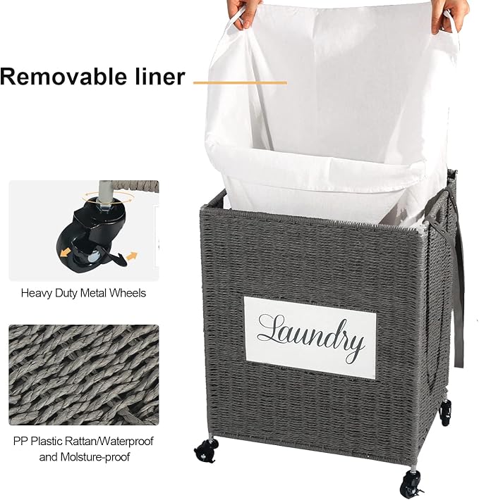 Mxfurhawa Laundry Basket, Heavy Duty Cotton Liner Laundry Storage Hamper with Handles, Collapsible Clothes Wire Basket Organizer Laundry Bag (2PCS-89GY-H)