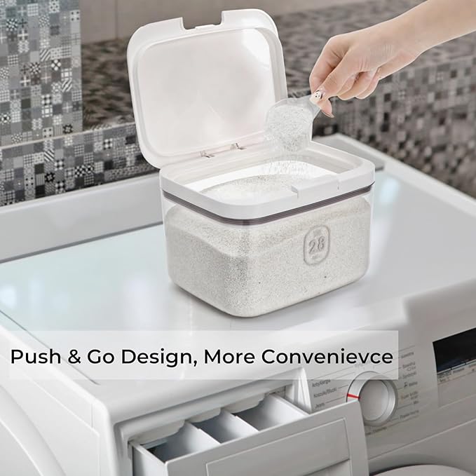 94 OZ/2.8L Laundry Pods Container, One-Press Lid Laundry Powder Holder Dispenser, Clear PET Detergent Sheet Organizer with Measuring Cup for Booster Beads, Dryer Balls, Flour, Pet Food