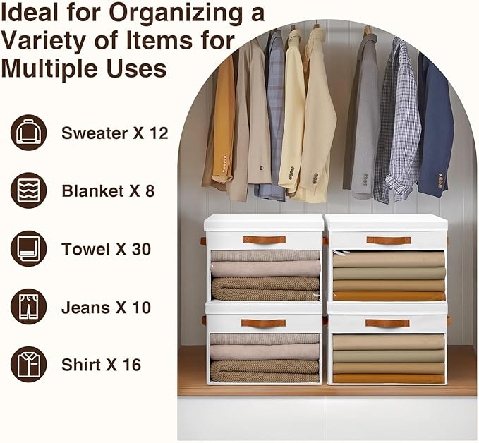 Large Storage Bins with Lids - 4 Pack Foldable Decorative Organizers with Clear Windows & Handles, Cube Storage Organizers for Clothes, Blankets, Sweaters, Sheets, White