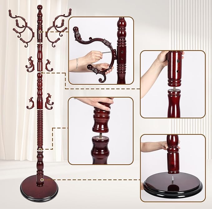 Coat Rack Stand, Solid Wooden Coat Tree with 14 Hooks, Heavy Duty Coat Rack Freestanding with Sturdy Round Base, Natural Birch Wood Coat Hanger Stand for Entryway Bedroom (Rosewood)