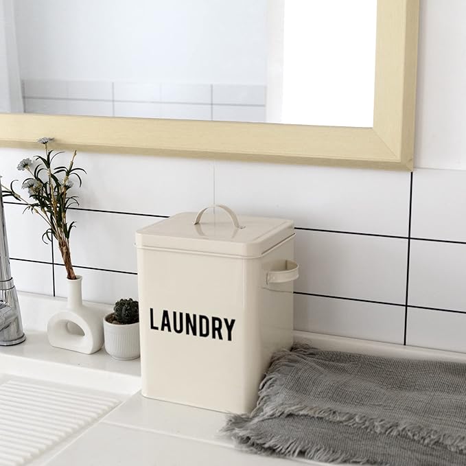 LA JOLIE MUSE Laundry Detergent Powder Storage Tin Box, Farmhouse Laundry Room Decor, 9 Inch High, Cream