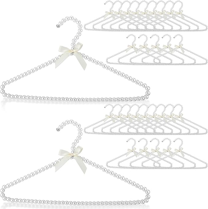 Threan 30 Pcs 16 Inch Pearl Clothes Beaded Clothing Hanger with Ribbon Bowknot Metal Elegant Clothes Standard Hanger for Women Bride Wedding Dress Coat Shirt