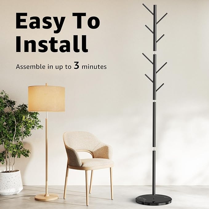 Coat Rack with Natural Marble Base, Metal Freestanding Coat Rack with 8 Hooks, 3 Adjustable Size Sturdy Coat Tree for Bags, Coats, and Hats for Entryway, Hallway, Bedroom, Office, Black