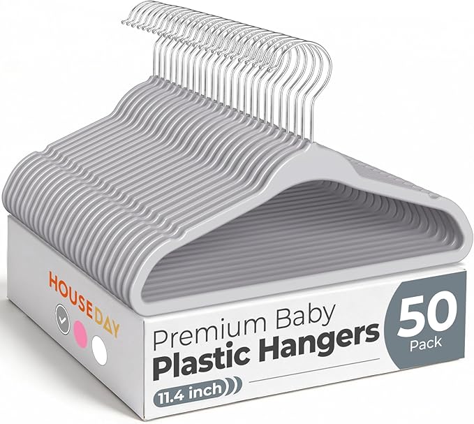 HOUSE DAY 11.4 Inch Baby Hangers 50 Pack - Plastic Kids Hangers Space Saving Thin Profile, Children Closet Organizers with Rotatable Hook of 360°, Heavy Duty for Toddler Clothes Nursery - Gray