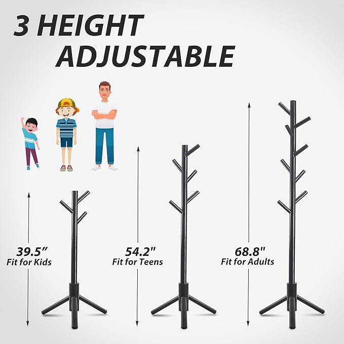 Durable Wooden Coat Rack, Freestanding Coat Rack with Stable Triangular Base, 8 Hooks & 3 Adjustable Heights, Simple Assembly for Bedroom, Hallway, Office(New Black)