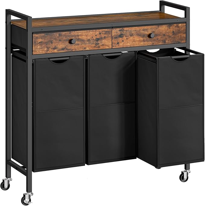 HOOBRO Laundry Sorter 3 Section, 130L Laundry Hamper with 2 Drawers, Rolling Laundry Basket, Pull-Out and Removable Laundry Bags for Laundry Room Organization, Rustic Brown and Black BF78XY01