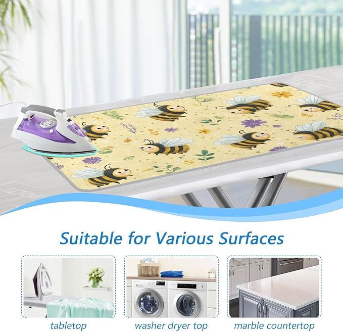 Ironing Mat Pad for Table Portable Travel Iron Blanket Ironing Board Covers Pressing Mat Heat Press Pads 27.6x47.2 Inches Light Yellow Bees Floral Dots45