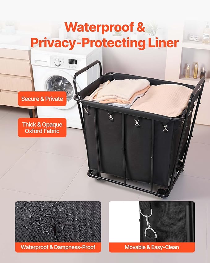 VEVOR Laundry Cart, Rolling Grocery Utility Cart with Waterproof Liner & Swivel Wheels, 260 LBS Large Load Capacity, Heavy Duty Shopping Basket for Laundry, Shopping, Camping, Grocery, Luggage, Black