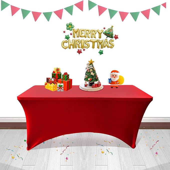 4 Pack - Elegant Red Stretch Spandex Table Cover (48Lx24Wx30H Inches), Non-Iron Fitted Tablecloth for 4-Foot Rectangular Folding Tables -Ideal for Banquets, Weddings & Festivals