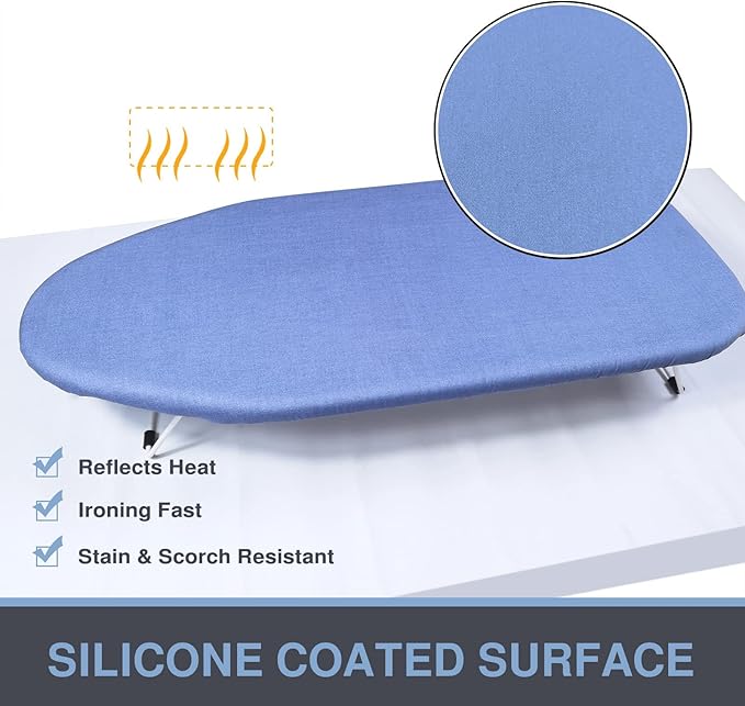 Small Ironing Board Cover and Pad 12.5 x 30, Elastic Edge, Silicone Coated, Resist Scorching, Heavy Duty Padded Cover for Mini Table Top Iron Board (Silicone Coating-Blue, 12" x 30")