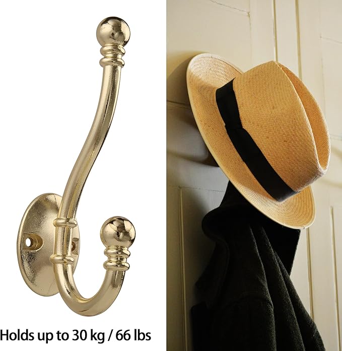 HASWARE 6 PCS Double Prong Robe Hook, Large Dual Coat Hooks with 12 Pieces Screws Wall Mounted Hooks Robe Antique Hooks Hangers Heavy Duty for Home Coats Hat Clothes Hanger Towel Keys (Bright Brass)