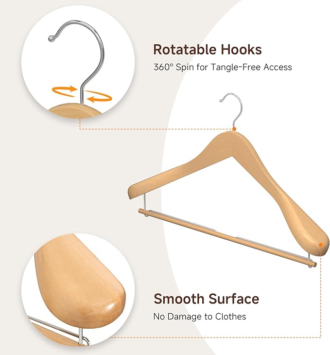 StorageWorks 6 Pack Wooden Hangers, Extra Wide Shoulder Wood Hangers with Locking Bar for Suit, Shirt, Coat, Pants, Natural Color