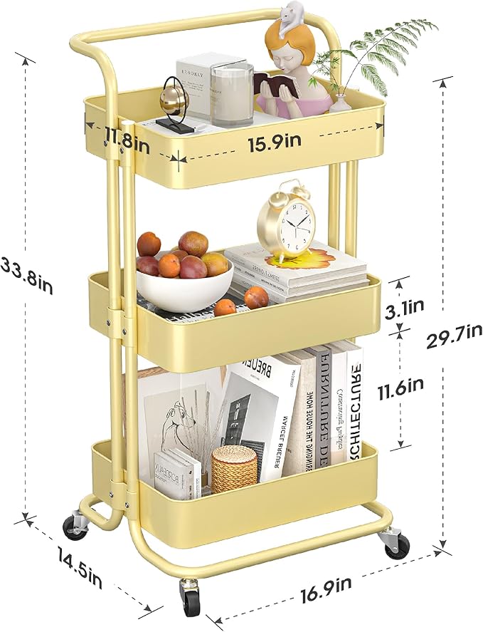 3-Tier Metal Rolling Cart with Wheels, Utility Storage Cart, Multifunctional Organizer Storage for Kitchen, Bedroom, Office, Laundry Room, Dorm Room Essentials (Cream Yellow)