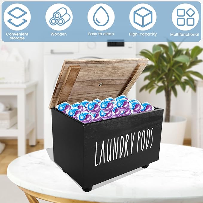 Laundry Pods Container, Farmhouse Laundry Pod Holder, Dryer Sheet Dispenser Laundry Wooden Box Container, Wooden Pods Caddy with Lid for Laundry Room Accessories Organization Decor Dispenser (Black)