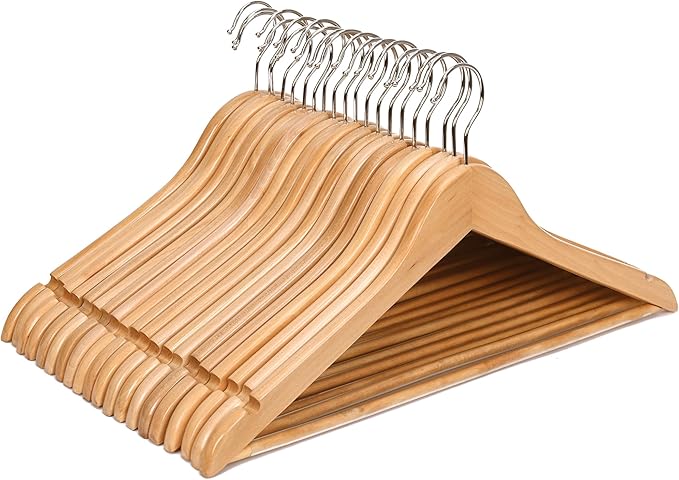 JS Hanger Wooden Coat Hangers, 20 Pack High Grade 17.5 Inch Wood Suit Hangers with Non Slip Pant Bar - Extra Smooth and Splinter Free Natural Finish