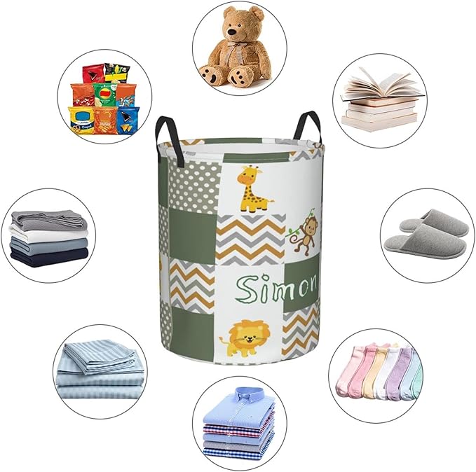 Jungle Cute Animal Customized Laundry Basket Clothes Hamper with Name Collapsible Waterproof Large Capacity Organizer Storage for Living Room.