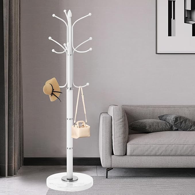 Metal Coat Rack Stand, Modern Freestanding Coat Rack with Natural Marble Base,White Coat Racks and Coat Hall Tree Hanger Stand with 12 Hooks for Entryway, Hallway, Office