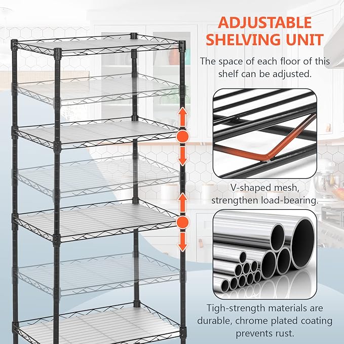 FDW 18L x 12W x 44H Wire Shelves Metal Shelf with 4 PP Sheets Storage Shelves 4 Tier Layer Storage Shelves for Laundry Bathroom Kitchen Garage,Black