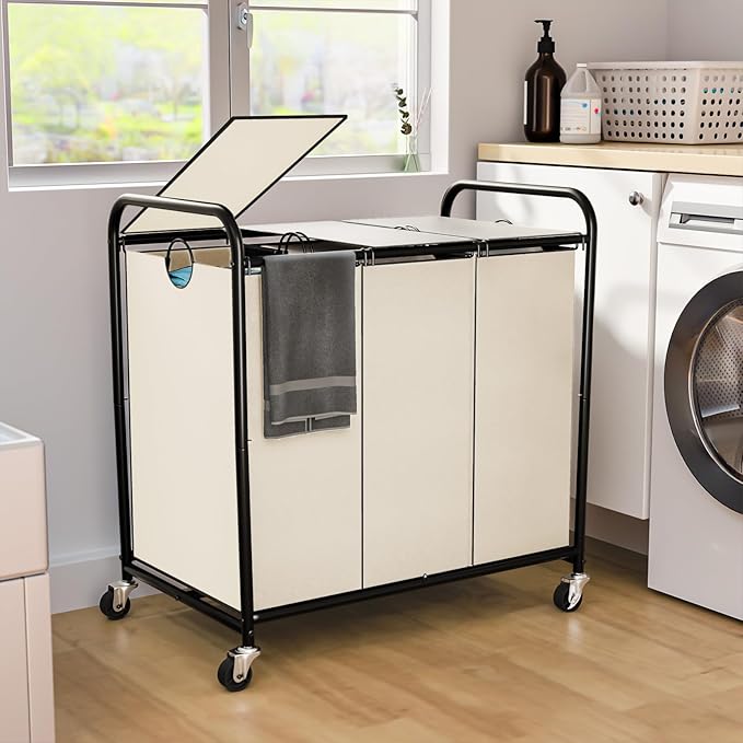 180L (47.55 Gal) Laundry Sorter 3 Section, Rolling Laundry Basket with Lockable Wheels and Lid, Laundry Hamper with 3 Separated Removable Bags Dirty Clothes Hamper for Laundry Room Organizer, White