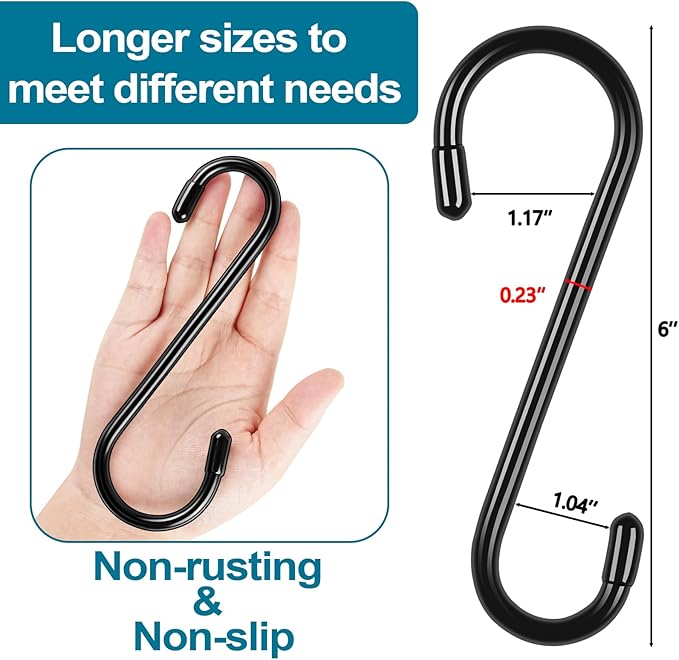 12 Pack Heavy Duty S Hooks, Vinly Coated 6 Inch Large Metal S Hooks for Hanging Plants, Non Slip Black Hanger Hooks for Closet Hanging Jeans, Baskets, Lights, Pot, Pans, Cups, Bird Feeder