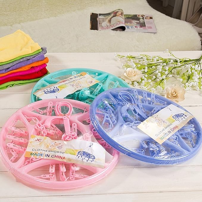 Round Plastic 18 Clips Underwear Scarf Laundry Clothes Drying Hanger Blue