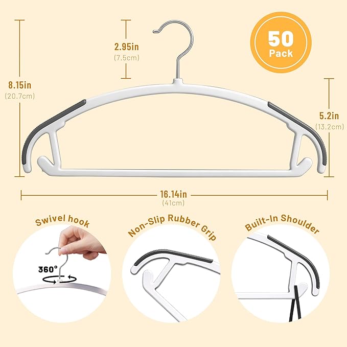 Arc Design No Shoulder Bump Plastic Hangers 50 Pack,Ultra Thin Non-Slip Hangers for Clothes,Heavy Duty Coats Hangers,360°Swivel Silver Hook,Space Saving Closet Organizer for Suit,Sweater,Jackets-White