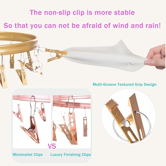 Sock Drying Rack with 26 Non-Slip Clips - Aluminum Hanging Drying Rack for Underwear, Baby Clothes & Delicates | Oval Design & Wind-Resistant Hooks (Champagne Gold) - 2 Pack