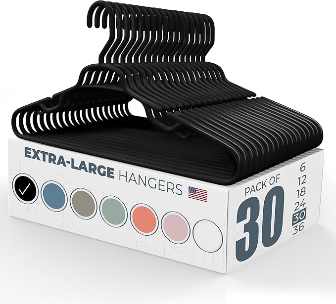 Neaties Large & Wide Heavy Duty Clothes Hangers 30 Pack – Made in USA – Ideal for Plus Size Clothing – 10lb Plastic Hangers with Notches for Oversized Adult Coats & Pants – Black