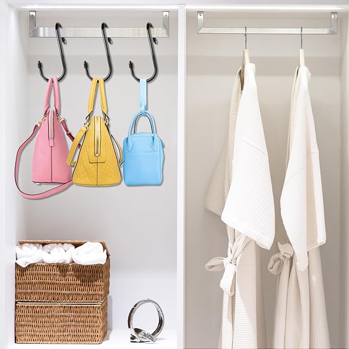 24 Pack Purse Hanger for Closet, Twist Design Hooks, Vinyl Coated Organizer, Large S Hooks for Hanging Bags, Purses, Handbags, Belts, Scarves, Hats, Black