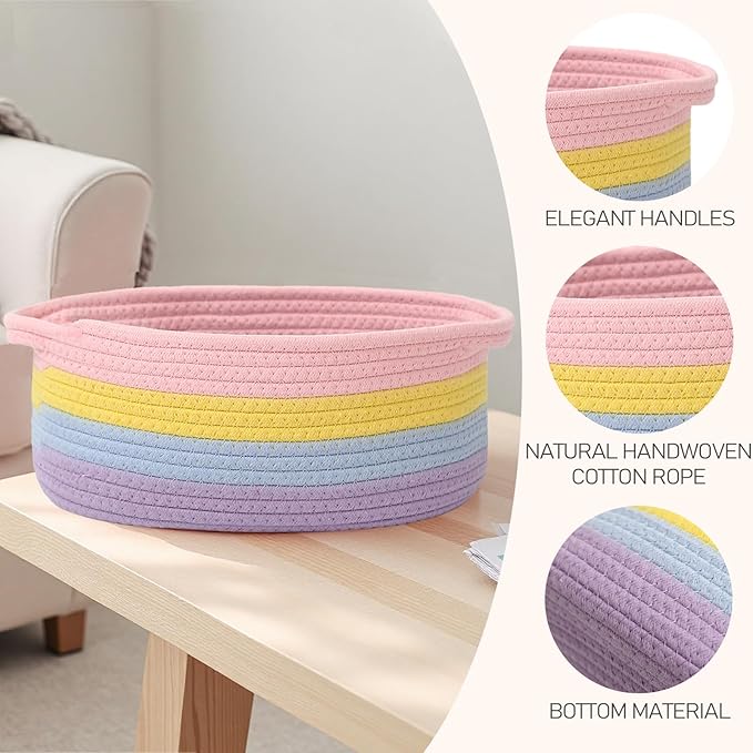 Woven Basket,Small Rope Storage Bin with Handles & Ribbon Bag, Organizer for Shelves Closets,Gift Basket Empty for Birthday,Books,Dog Toys, Rainbow/2 Pack